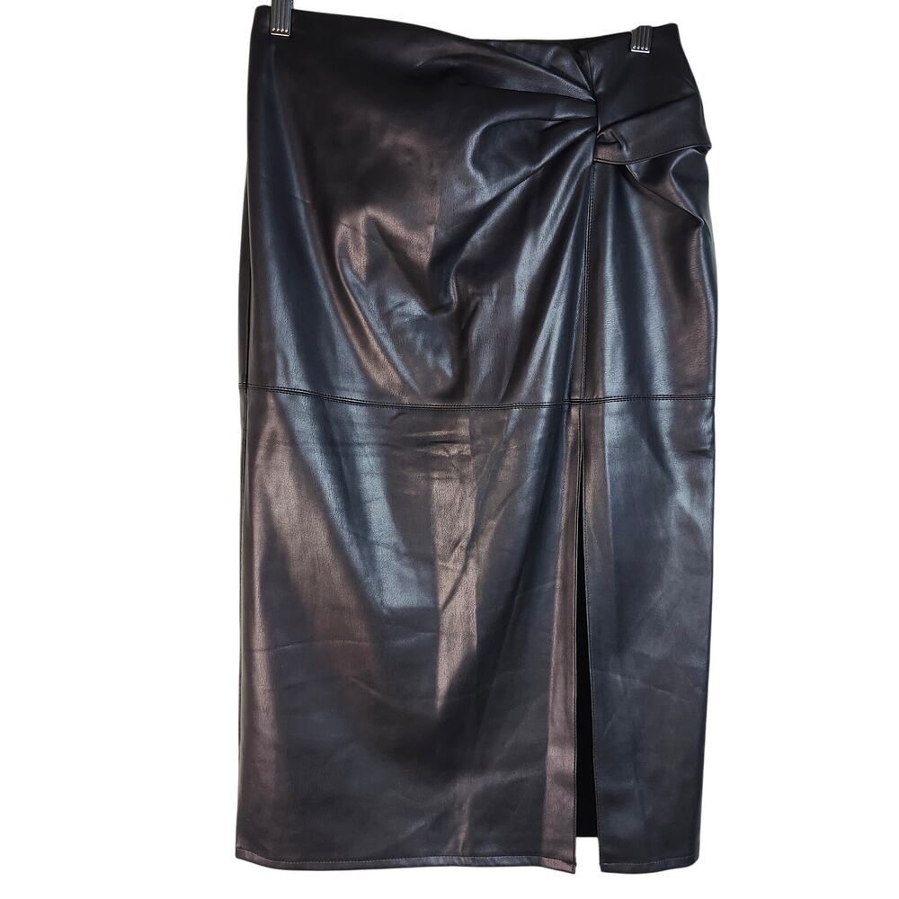 Reserved Black Faux Leather Pencil Midi Skirt with Ruched Feature US Size 4
